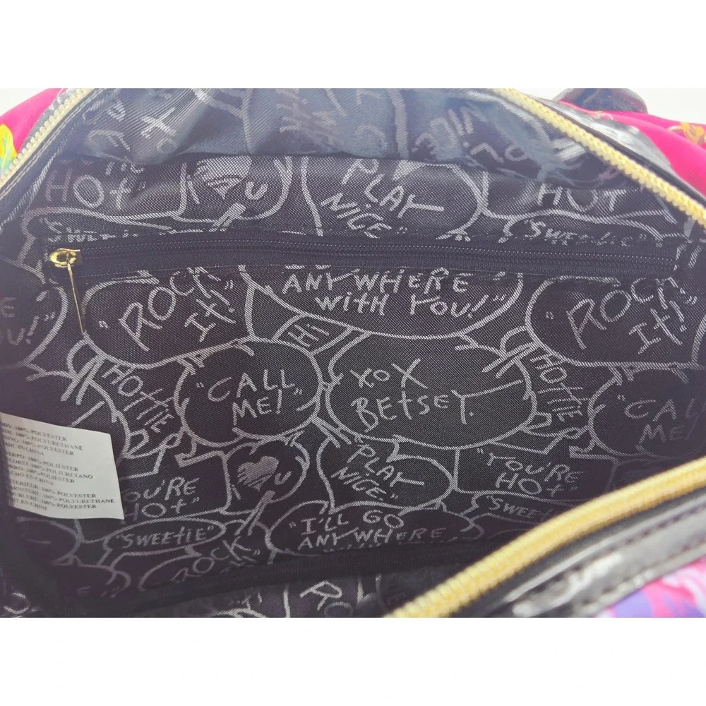 Betsey Johnson Y2K Pink Floral Chain Print Nylon Satchel Bag Black Patent‎ Trim